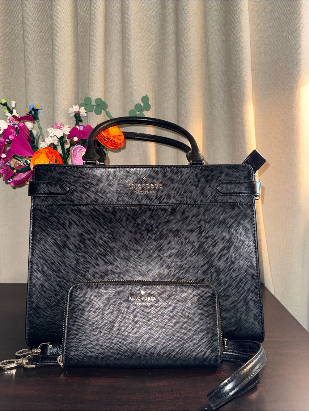kate spade Black Leather Structured Top-Handle Tote with Zip Wallet